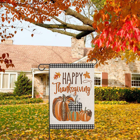 Happy Thanksgiving Fall Garden Flags for Outdoor,12x18 Double Sided,Harvest Buffalo Plaid Pumpkins Yard Flags,Small Thanksgiving Day Garden Decor ...