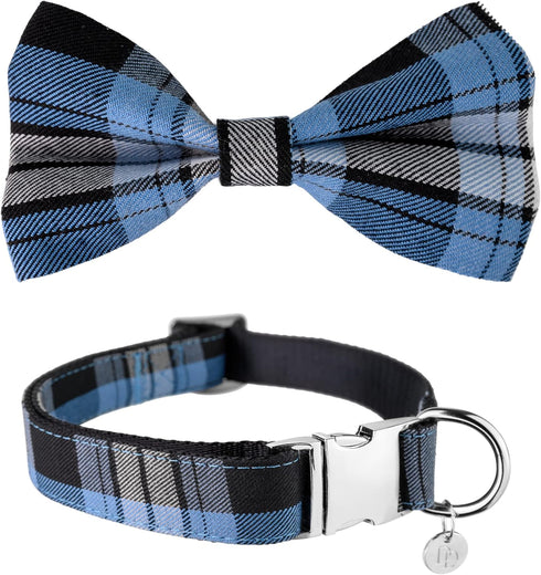 Dashin' Dogz Large Blue Bowtie Dog Collar with Detachable Bow Tie for Girl or Boy Dogs Comfortable Plaid Pattern, Fully Adjustable, Great Pet Gift...