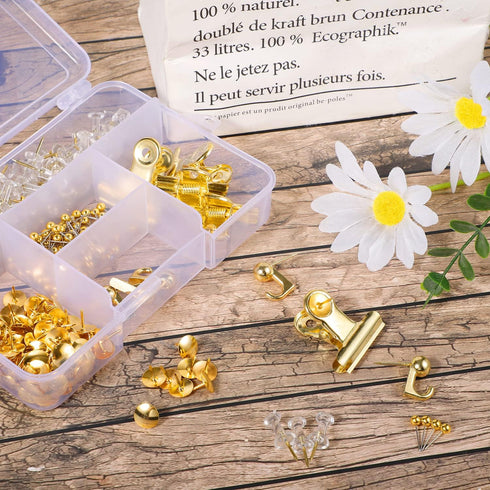 310 Pcs Gold Push Pins Set, Gold Thumb Tacks Decorative Push Pins for Cork Board with Push Pin Hook Pushpin Clip 5 Style Gold Office Accessories f...