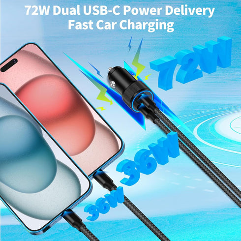 ?MFi Certified?iPhone 15 Fast Car Charger, Linocell 72W Dual PD Car Power Cigarette Lighter USB-C Fast Car Charge Adapter+2Pack Type-C Braided Cab...