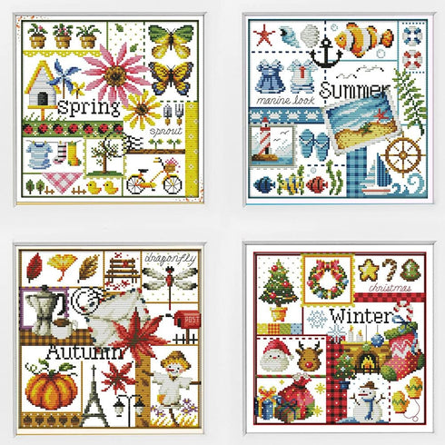 Awesocrafts 4 Pack Cross Stitch Kits, Four Seasons Easy Patterns Cross Stitching Embroidery Kit Supplies, Stamped or Counted (Four Seasons, Counte...