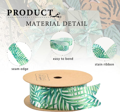 Laribbons Wired Edge Ribbon, 1”x10 Yard Tropical Ribbon, Summer Printed Palm Leaf Ribbon for Baby Shower, Farmhouse Party, DIY Craft, Wreath Bows...