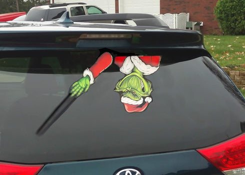Grim Santa Waving Winter WiperTag with Decal attaches to rear vehicle wiper blade...