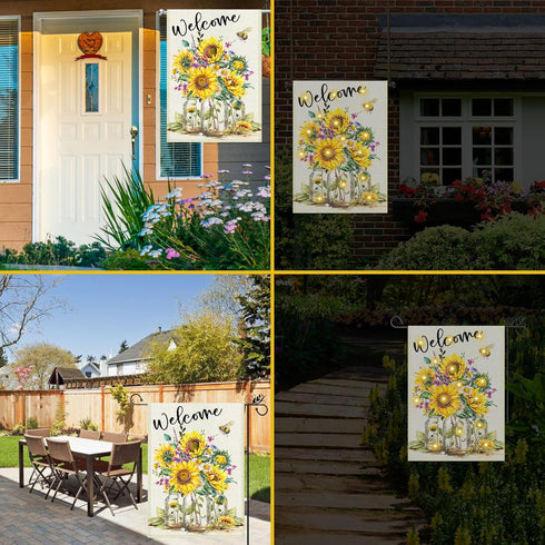 Sunflower Garden Flag, Solar LED Welcome Flags Banner 12x18 Double Sided, Farmhouse Flower Burlap Lighted Lights Yard Flag, Holiday Spring Vertica...