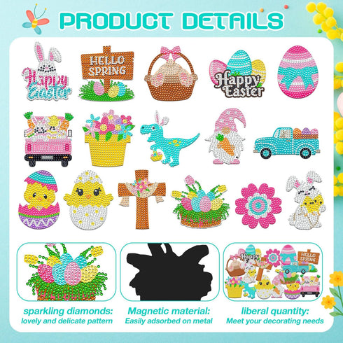 16 Pcs Easter Diamond Painting Magnets for Refrigerator Spring Diamond Art Magnets DIY Bunny Eggs Gnome Cross Flower Diamond Painting Kits Pink Ye...