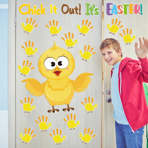 77Pcs Easter Chicks Handprint Bulletin Board Decoration Set, Chick It Out It’s Easter Cutout Chalkboard Wall Decor, Party Border Trim Supply for E...