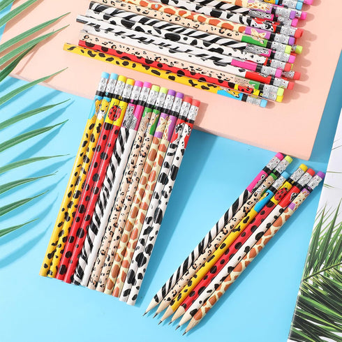 Zhehao 72 Pcs Jungle Theme Pencils Back to School Animal Print Pencils with Eraser Wood Safari Pencils Bulk Jungle Animal Birthday Party Favor Sup...