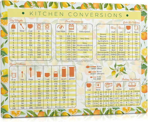 Kitchen Conversion Chart Magnet | Extra Large 11 x 8.5 | Lemon & Orange Style Decor | Magnetic Conversion Chart for Baking & Cooking Measurement |...