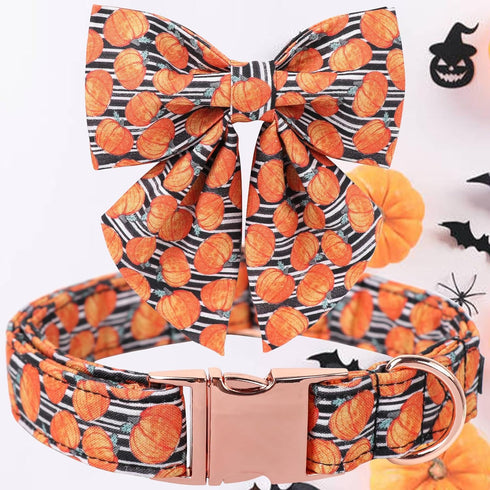 Maca Bates Halloween Pumpkin Dog Collar with Bow Bowtie for Dogs Sailor Bow Tie Adjustable Breakaway Cute Collars Accessories Fall Gift for Small ...