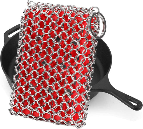Cast Iron Skillet Cleaner, 316 Stainless Steel Chainmail Scrubber with Silicone Insert for Cast Iron, Grill, Pie Pan, Casserole Dishes...