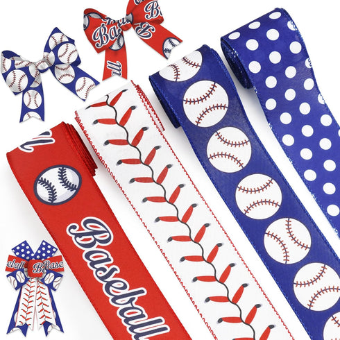 Baseball Wired Edge Ribbon 2.5 Inch Red Blue Craft Ribbon Wired Fabric Ribbon for Sport Events DIY Bow Wreath Wrapping Supplies,2.5"*10 Yards, 4 R...