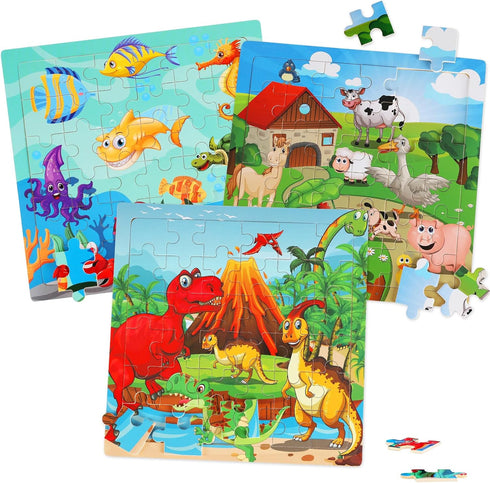 Wooden Puzzles Toys for Kids Ages 3-5, Set of 3 Packs with 36-Piece Wood Jigsaw Puzzles, Dinosaur, Farm and Ocean Theme. Ideal Gifts for Boys and ...