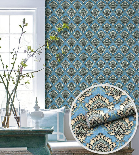 Y9832 Damask Peel and Stick Wallpaper 17.7" x 9.8ft Light Blue Removable Contact Paper Self-Adhesive Damask Furniture Paper Drawer Shelf Liner Vin...