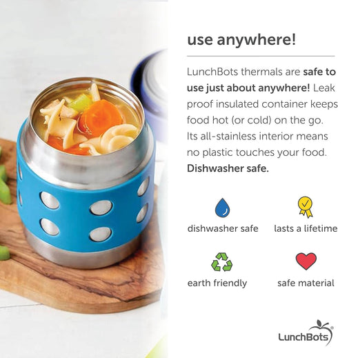 LunchBots Thermal 8 oz Triple Insulated Thermos - Hot 6 Hours or Cold 12 Hours - Leak Proof Thermos Soup Jar - All Stainless Interior - Navy Lid -...
