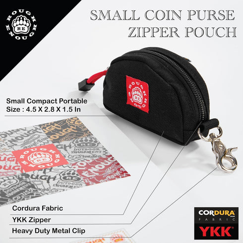 Rough Enough Small Coin Purse Pouch for Women Men Card Holder Wallet Waterproof Cordura Material with Zipper and Clip On Buckle Black...