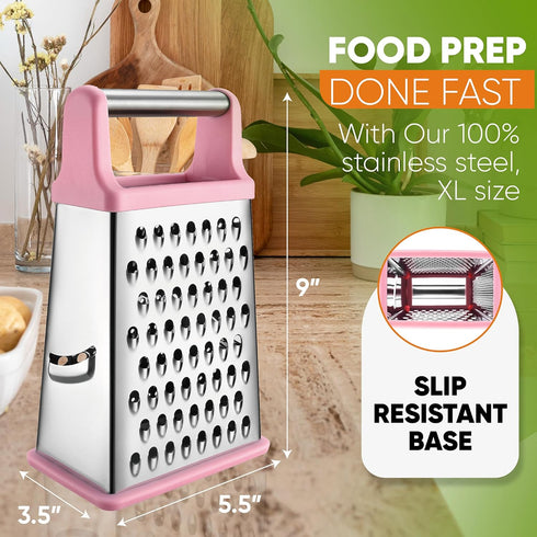 Spring Chef Professional Stainless Steel XL Parmesan Cheese Grater with Handle - 4 Sided Box Grater for Kitchen - Dishwasher Safe Carrot Shredder ...