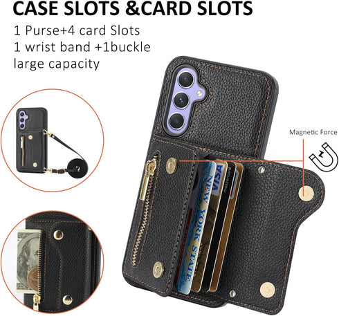 Asuwish Phone Case for Samsung Galaxy S24 5G Zipper Wallet Cover with Screen Protector and Credit Card Holder Slot Shoulder Crossbody Strap Long L...