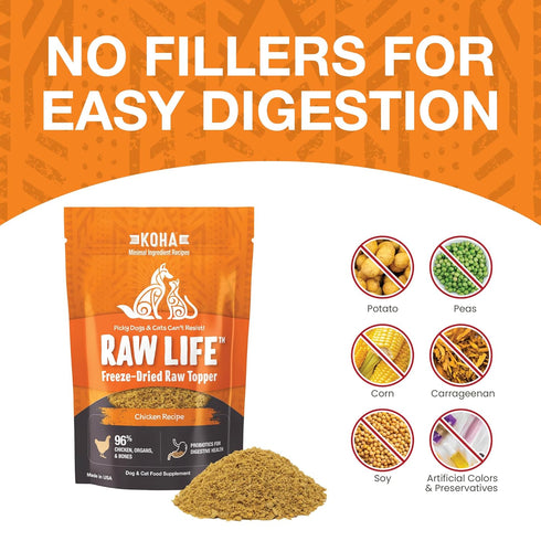 KOHA Raw Life Freeze-Dried Raw Topper Chicken, for Dogs and Cats, High Protein Meal Topper for Picky Eaters with Probiotics, 8oz Bag...