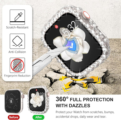 WINGLE 2 in 1 Waterproof Bling Case for Apple Watch 40mm Screen Protector SE (2nd/3rd Gen) Series 6 5 4, Lace Edge Diamond Face Cover Full Glitter...