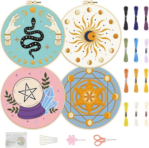 FREEBLOSS 4 Set Tarot Style Embroidery Kit for Beginners Cross Stitch Kit with Instructions Full Kit of Embroidery Cloth Embroidery Hoops 12 Color...