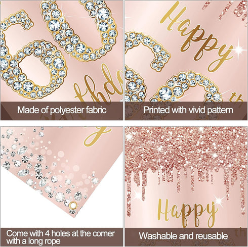 60th Birthday Door Banner Decorations for Women, Pink Rose Gold Happy 60th Birthday Door Cover Backdrop Party Supplies, Large Sixty Year Old Birth...