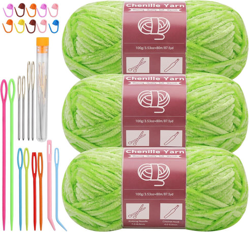 3 * 100g Chenille Yarn, Yarn for Crocheting Knitting with Big Eye Needles, Handcrafts Weaving Soft Chenille Yarn for Making Blankets, Clothes, Pat...