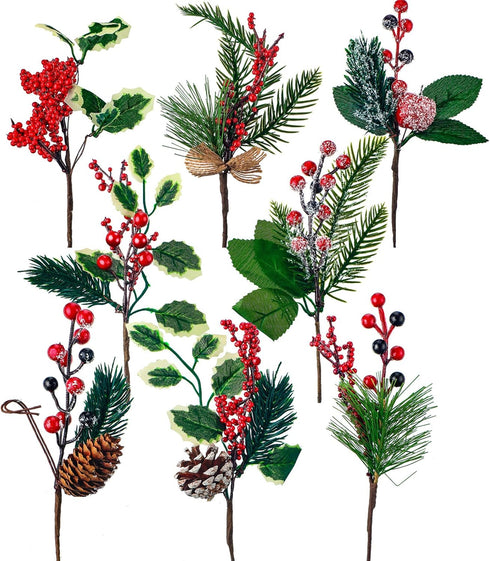 WILLBOND Artificial Christmas Tree Picks Red Berry Pine Picks Spray Berry Branches Holly Pine Flower Pick Berry Pinecones for Christmas Crafts Par...