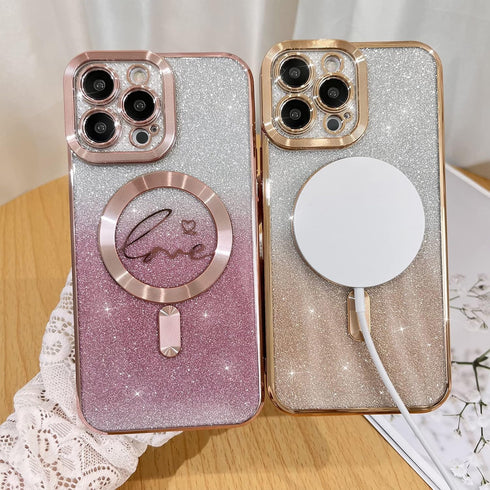 Fiyart Compatible with iPhone 13 Pro Max Case,Compatible with MagSafe Love Heart Plating Camera Protection Clear Phone Case, Magnetic Glitter for ...