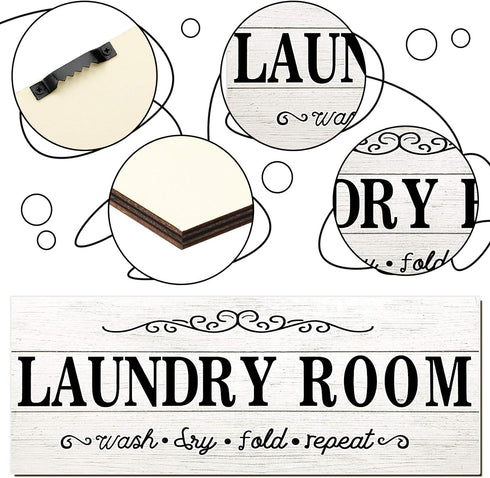 Laundry Room Decor Sign Wooden Rustic Farmhouse Family Laundry Room Wall Sign Wash Dry Fold Repeat Wall Decor Prints for Home, 16 x 6 Inches(White...