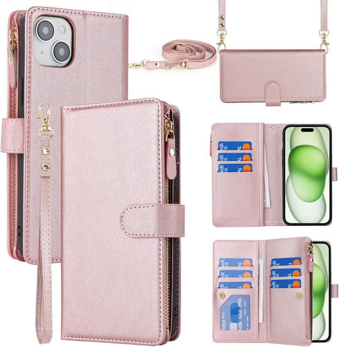 Jaorty for Apple iPhone 15 Plus Phone Wallet Case for Women with Card Holder,Crossbody iPhone 15 Plus Case with Strap Lanyard,Zipper Pocket Magnet...