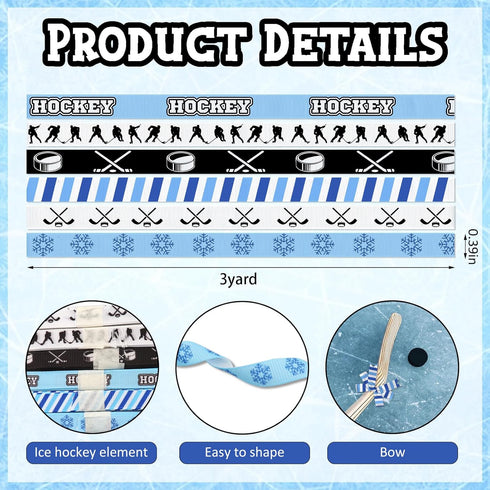 6 PCS Sports Hockey Ribbons for Crafting, 3/8" Width Grosgrain Ribbon Winter Snowflake Ribbon Blue White Curling Balls Craft Ribbons for Sports Pa...