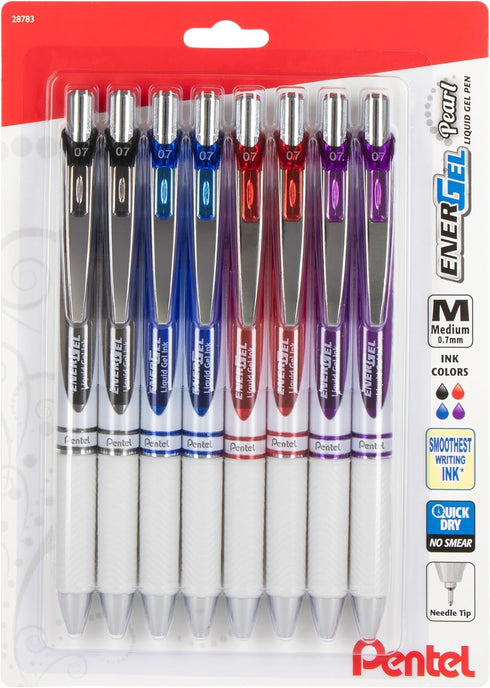 EnerGel Pearl Retractable Liquid Gel Pen, Needle Tip, 0.7mm, Medium Line, Assorted Ink, 8-Pk (BLN77WBP8M)...