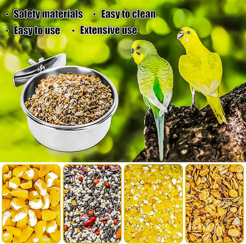 MotBach 2 Pack Stainless Steel Bird Feeding Dish Cups, Bird Feeder Parrot Food Water Bowls with Clamp, Pet Cage Cups Holder for Bird Parrot Cockat...