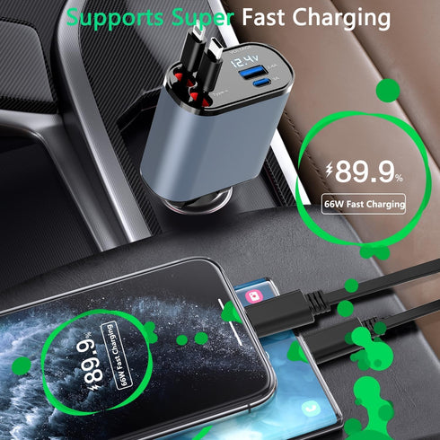 Retractable Car Charger, 4 in 1 Fast Charge Car Phone Charger Adapter 100W, Retractable Cables(2.6ft) for iPhone & Type-C, Cigarette Lighter Adapt...