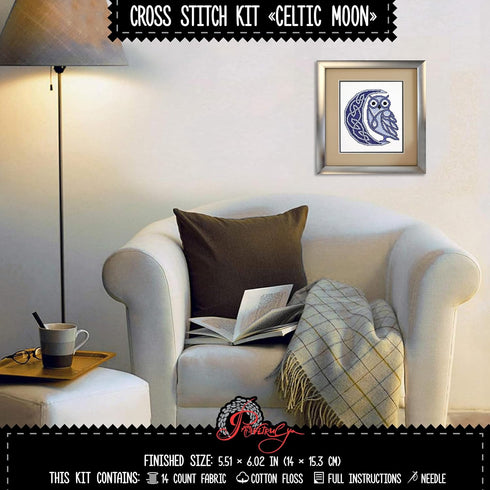 Povitrulya Counted cross stitch kit Celtic moon - DIY embroidery set with presorted floss, 14-count Aida fabric, paper pattern...