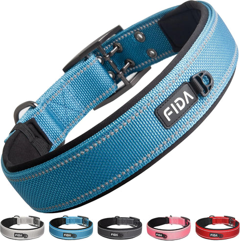Fida Heavy Duty Dog Collar 1.5” Width, Ultra Soft Neoprene Padded, Adjustable Reflective Nylon Pet Collar with Two Metal Pin Belt Buckle for Extra...