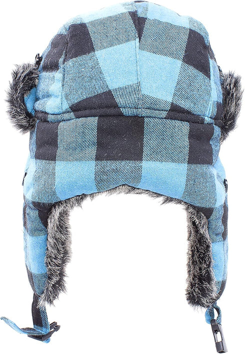 Unisex Winter Trapper Hat with Faux Fur Lining and Ear Flaps – Warm Bomber Hat for Men and Women, Plaid Design...