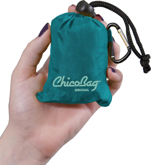 ChicoBag Original Compact Reusable Grocery Bag w/Attached Pouch and Carabiner Clip | Eco-Conscious Packable Tote | Variety 4pk - Mazarine, Aqua, O...