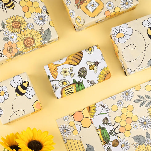 Bolsome 12 Sheets 28 * 20 Inches Bee Wrapping Paper Honeycomb Sunflower Honeybee Patterned Gift Wrap Paper for Baby Shower Spring Holiday Birthday...