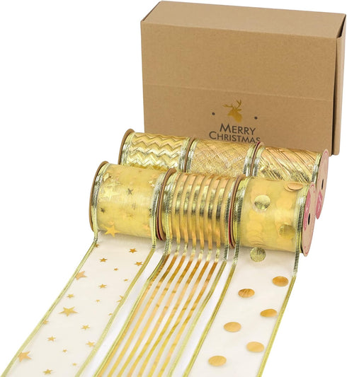 MEEDEE Gold Ribbon for Christmas Tree Decoration - 2.5 Inch, 6 Rolls, 36 Yards - Star and Stripe Wired Ribbon for Tree Garland and Crafts...