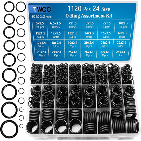 24 Size Rubber O Ring Set,1120 Pcs Black Small O Rings Assortment Kits,Assorted Metric Sealing Washer for Auto Plumbing Faucet Water Air or Gas Re...