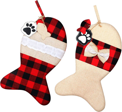 Skylety 2 Pieces Pet Christmas Stockings Buffalo Plaid Burlap 15 Inch Large Fish Shaped Bow Cat Christmas Stockings for Xmas Tree Home Holiday Par...