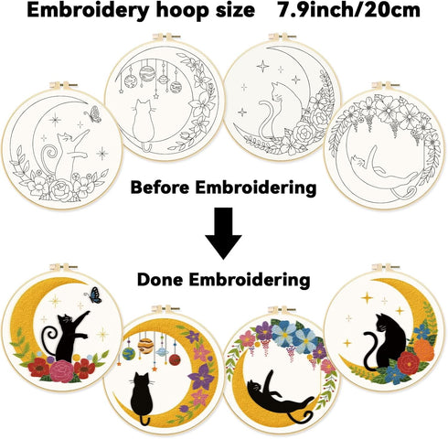ORIGACH 4 Pack Cat Moon Embroidery Kits for Beginners, DIY Starter Hand Embroidery Kit with Cat Moon Floral Patterns and Instructions, Cat Pattern...