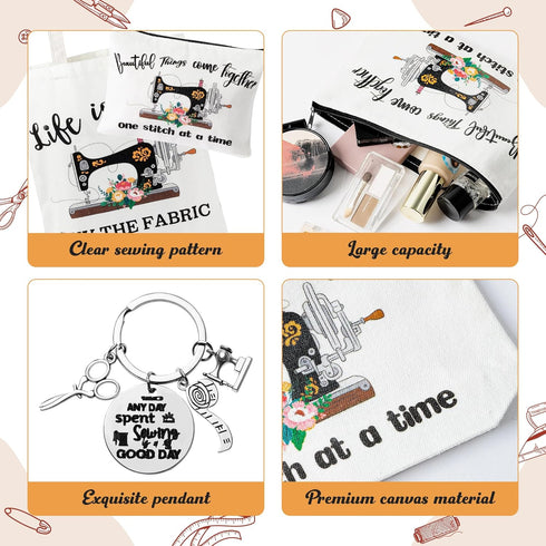 3Pcs Sewing Tote Bag Canvas Bag with Keychain, Funny Quilting Sewing Gifts for Seamstress Women Sewing Lovers Mom, Sewing Cosmetic Bag Organizer M...