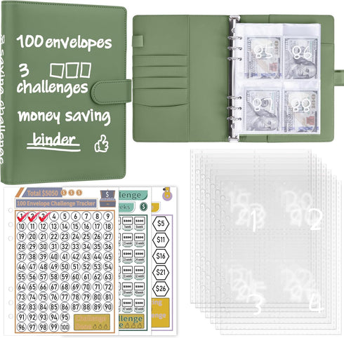 100 Envelopes Money Saving Challenge Binder, A5 Budget Binder with Cash Envelopes, Savings Challenges Book to Save $500, 5,050, 10,000 Budget Plan...