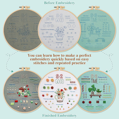 ASTNIC 3 Sets Embroidery Kit for Beginners, Cross Stitch Kits with Flower Mushroom Pattern Hoop Needle Kit DIY Knitting Kit Arts and Crafts for Ad...