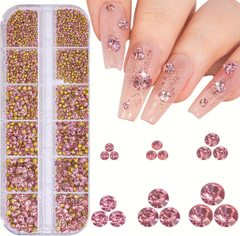 1 Box 12Grids Nail Art Sharp Bottomed Rhinestones 1660Pcs Nail Gems Light Pink Charms Gem Stones, with Storage Organizer Box/Size(1.6mm-4.6mm) for...