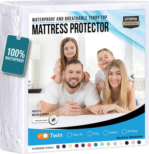 Utopia Bedding Waterproof Mattress Protector Twin Size, Premium Terry Mattress Cover 200 GSM, Breathable, Fitted Style with Stretchable Pockets (W...