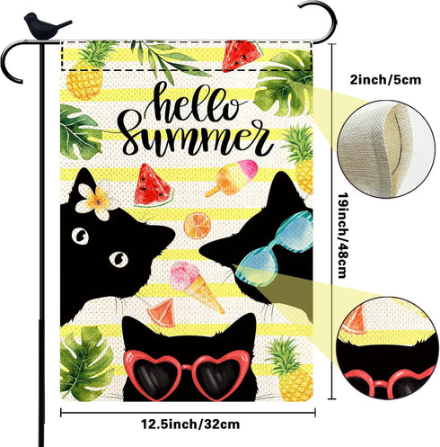 Black Cat Hello Summer Flag for Outside Burlap Hello Spring Summer Small Garden Flag 12.5 x 18 Double Sided Outdoor Holiday Porch Flags Seasonal D...