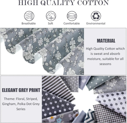 12 Pieces Quilting Fabric Grey Fat Quarters Floral Craft Fabric Bundle Patchwork Pre-Cut Sewing Square Sheets, 20 x 16 Inch/ 50 x 40 cm...